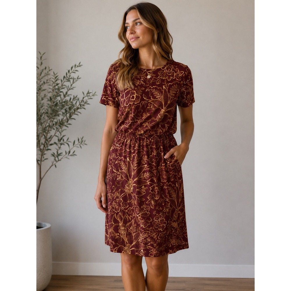 Leslie Fay Petite Vintage 80s Floral Sheath Dress Burgundy Gold Size 6P